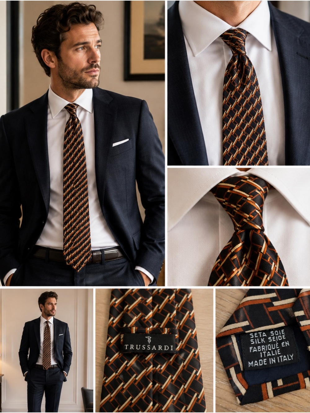 Trussardi Black Tie with Brown and Orange Geometric Weave